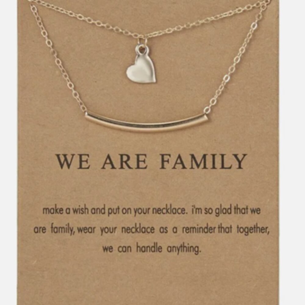 NEW “We Are Family” Heart & Bar Necklace w/ Quote & Card - Great Gift!